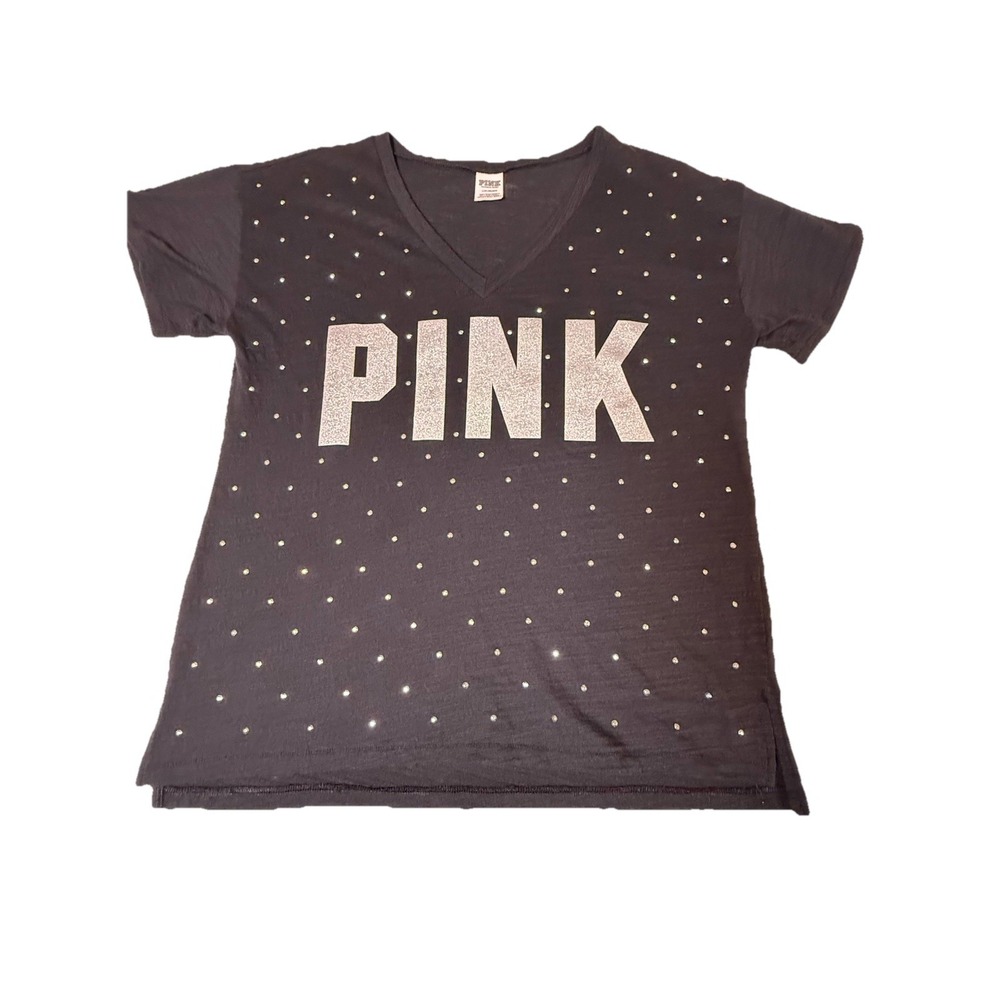 Victoria's Secret PINK Rhinestone Studded V-Neck Tee Black Size L‎
